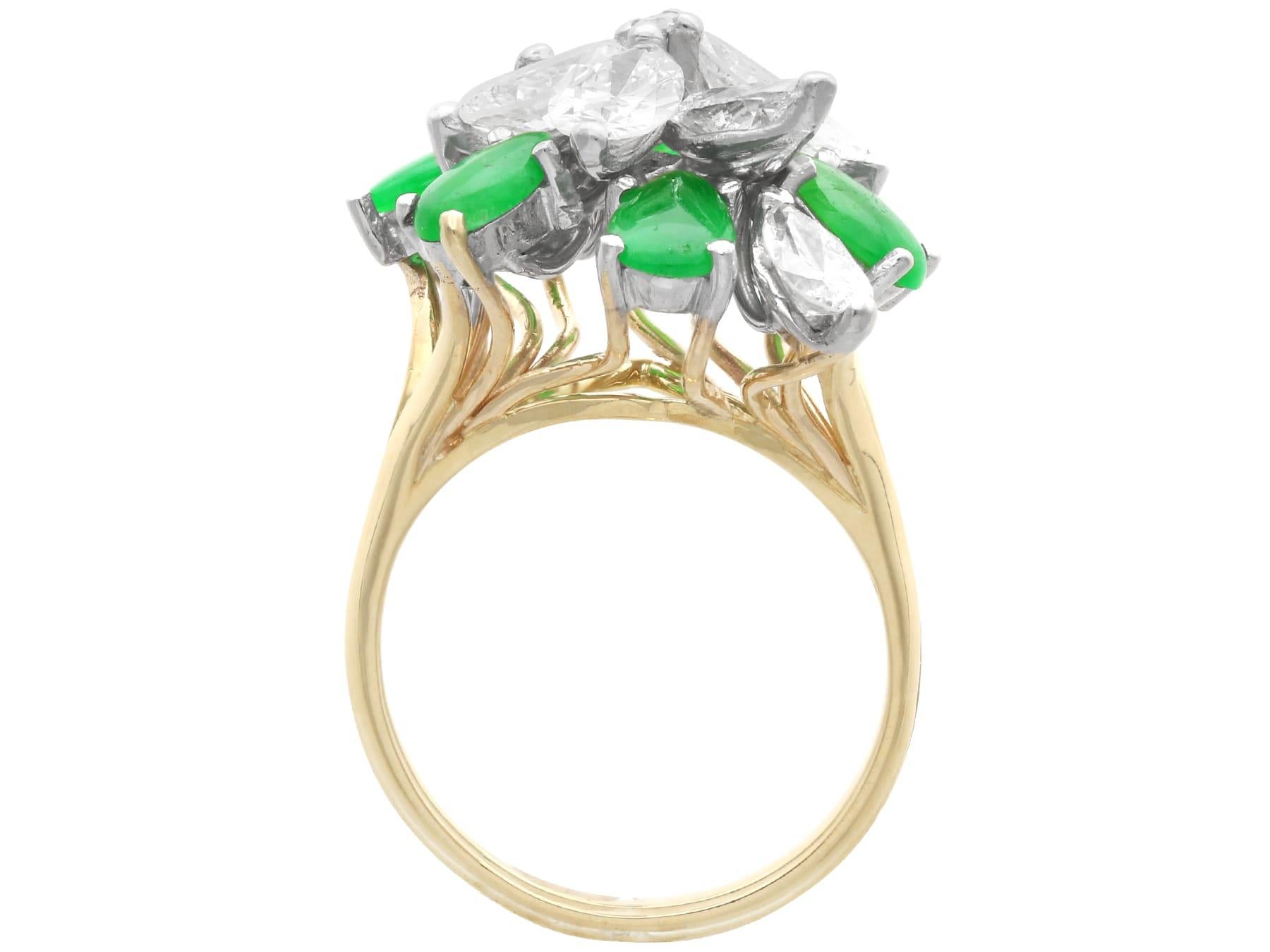 3.32 Carat Jadeite and 4.10 Carat Diamond, 18k Yellow Gold Floral Cocktail Ring For Sale 2
