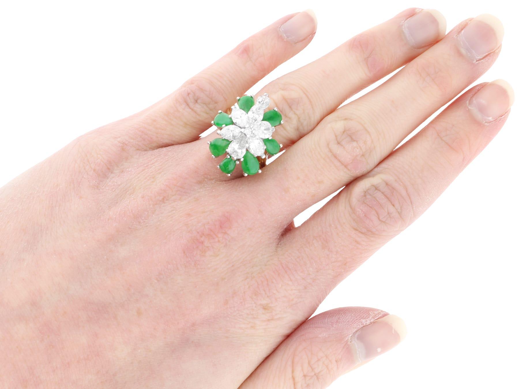 3.32 Carat Jadeite and 4.10 Carat Diamond, 18k Yellow Gold Floral Cocktail Ring For Sale 4