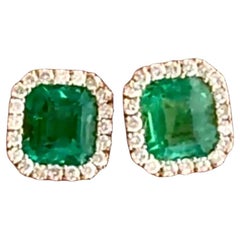 3.32 Carat Natural Colombian Emerald Diamond Stud Earrings 18K