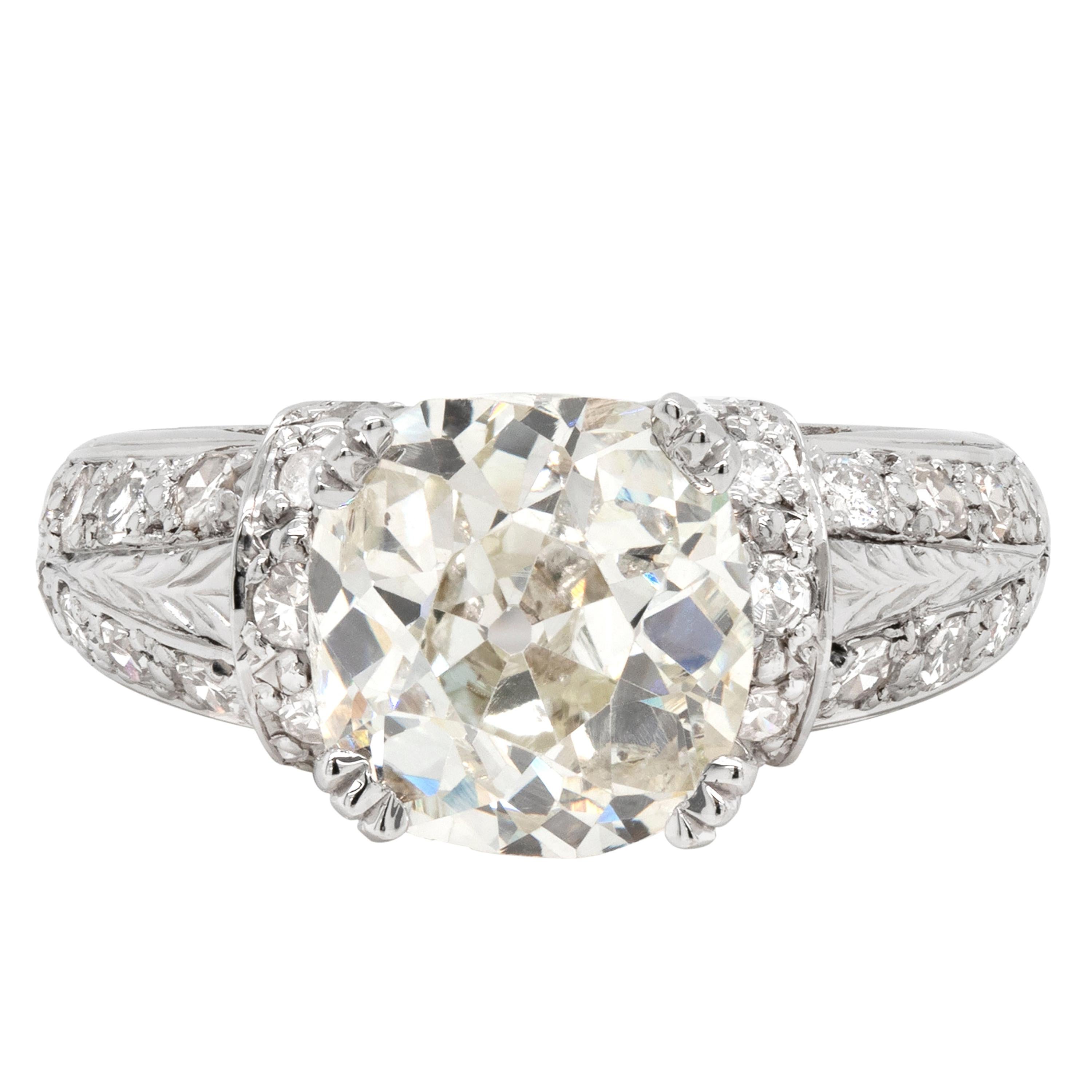 3.32 Carat Old Victorian Cushion Cut Diamond 18 Carat Gold Engagement Ring For Sale
