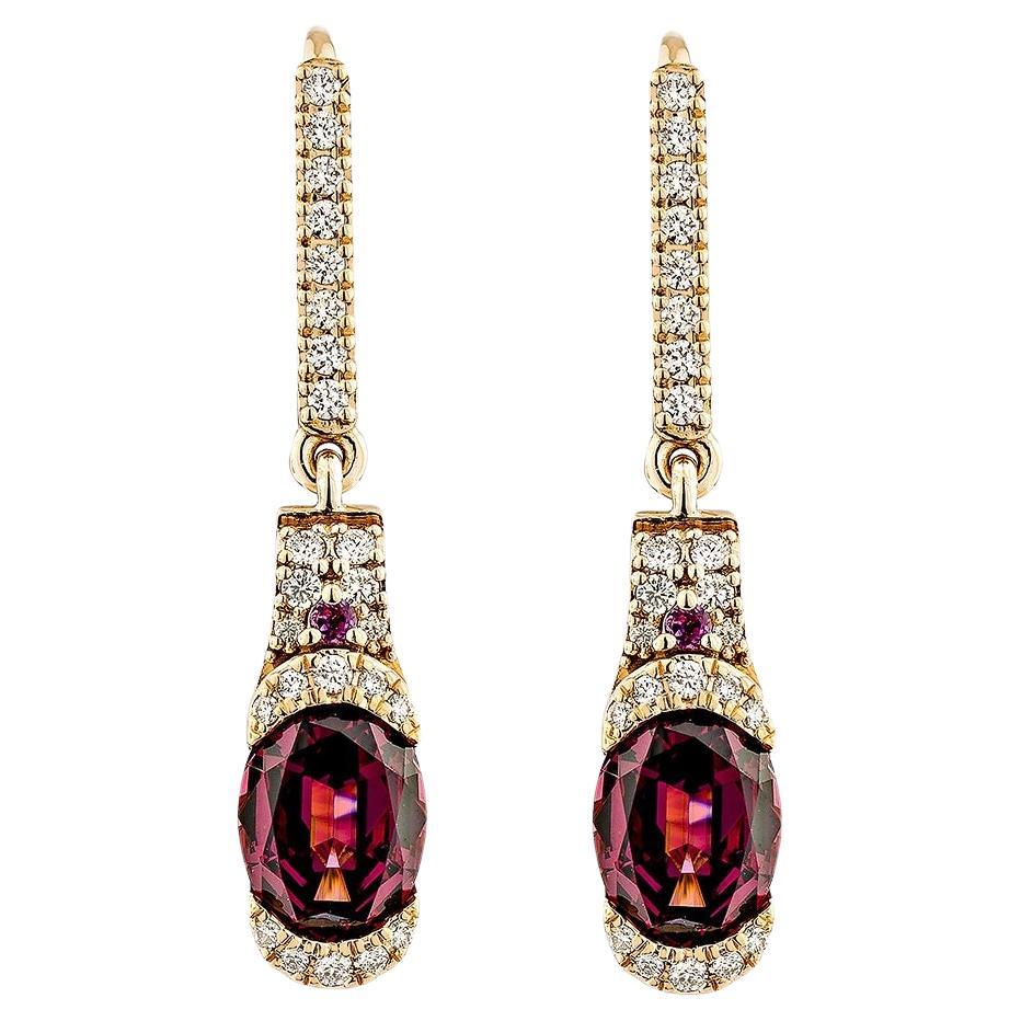 Sunita Nahata 3.32 Carat Rhodolite Drop Earring in 18KRG with White Diamond.