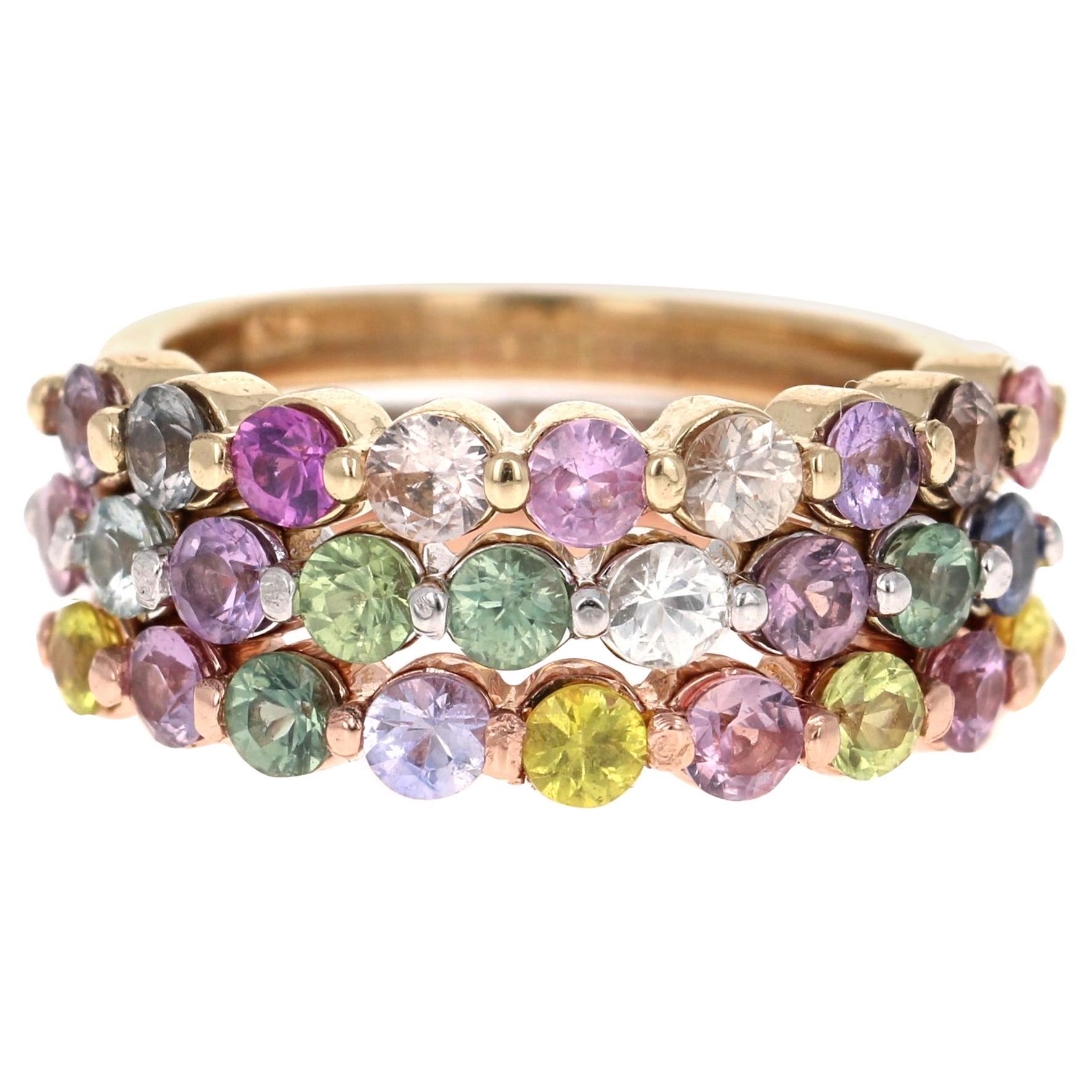 3.32 Carat Round Cut Multicolored Sapphire Diamond 14 Karat Gold Stackable Bands in Rose, Yellow, and White Gold.  
The Sapphire and Diamond combination looks so glamorous and chic stacked up that it is sure to be a great addition to your jewelry
