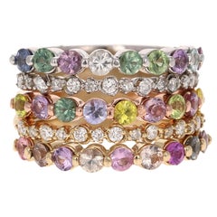 3.32 Carat Round Cut Multicolored Sapphire Diamond 14 Karat Gold Stackable Bands