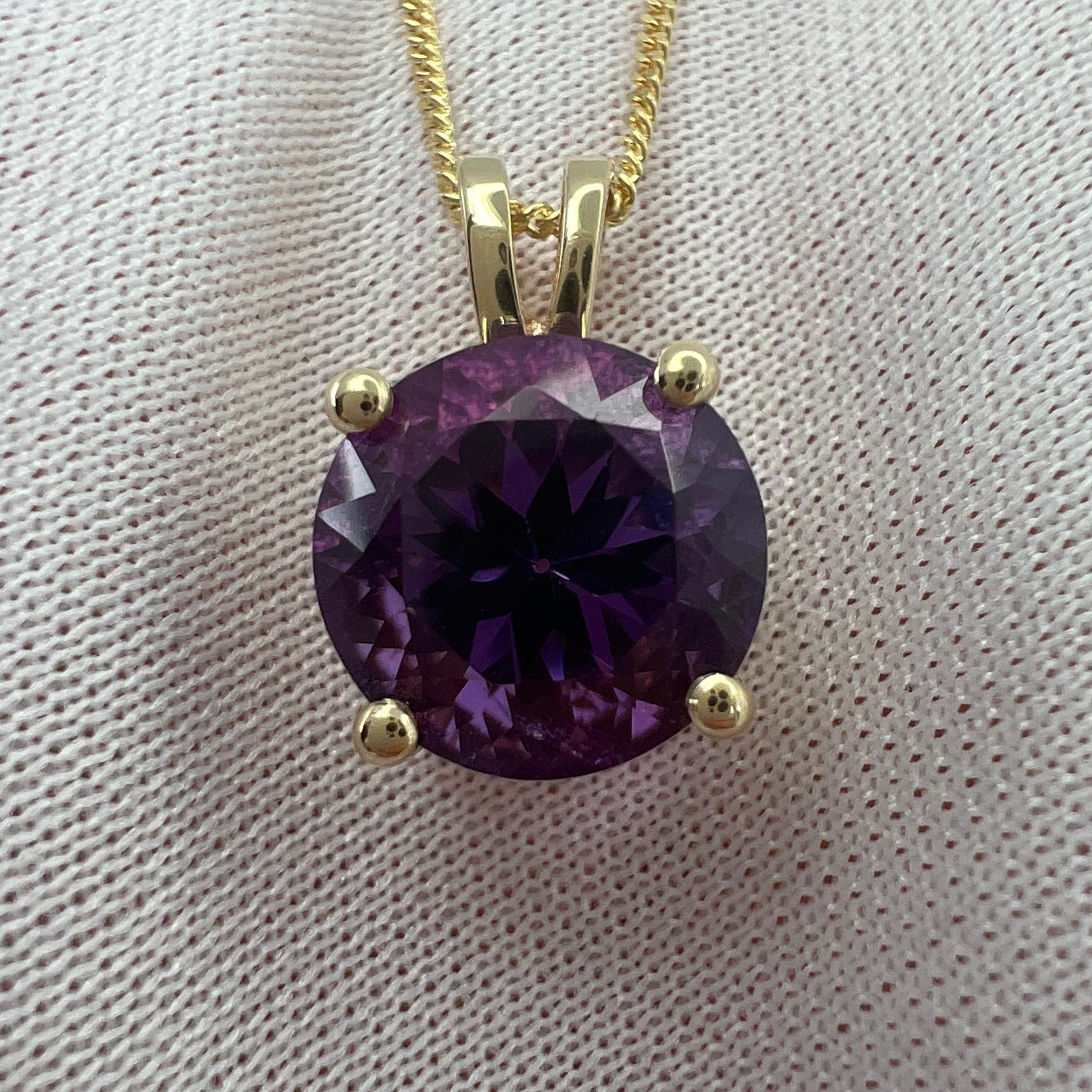 3.32 Carat Vivid Purple Amethyst Round Diamond Cut Yellow Gold Pendant Necklace For Sale 4