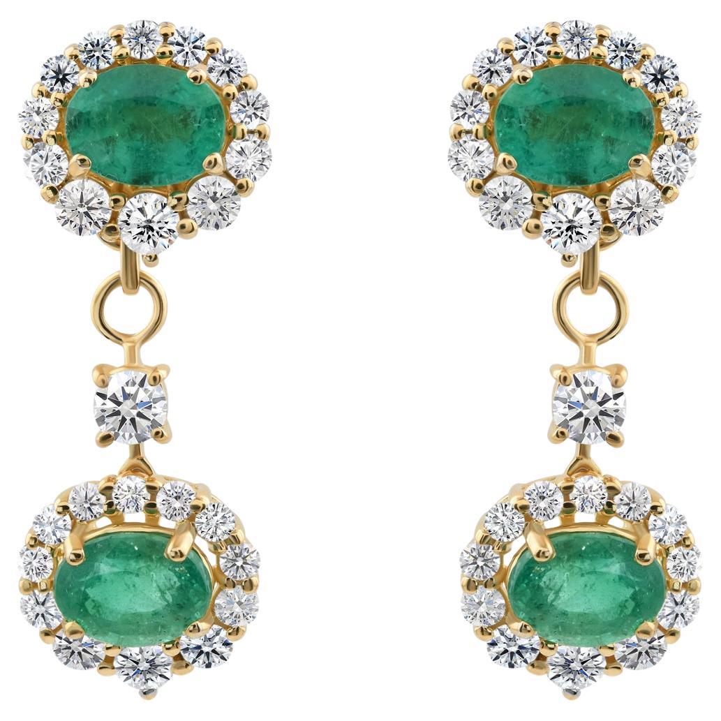 3.32 Carat Zambian Emerald 1.95 Carat SI/H Diamond Earrings 14 Karat Yellow Gold