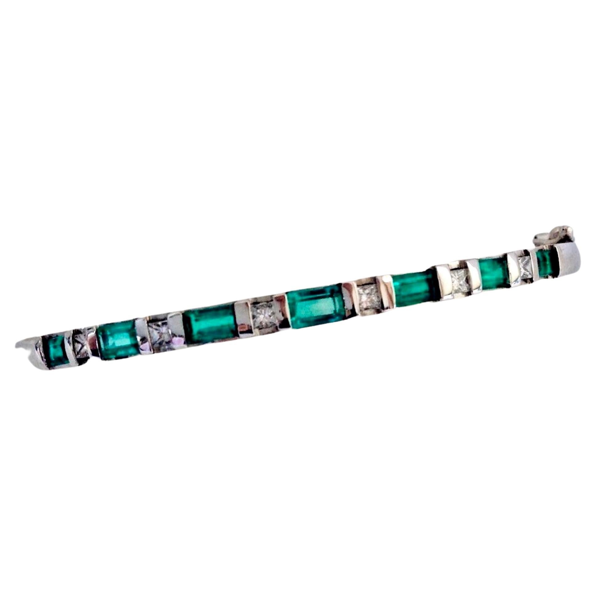 Emerald Cut 3.32 Colombian Emerald and Diamond Bangle Bracelet 18 Karat White Gold For Sale