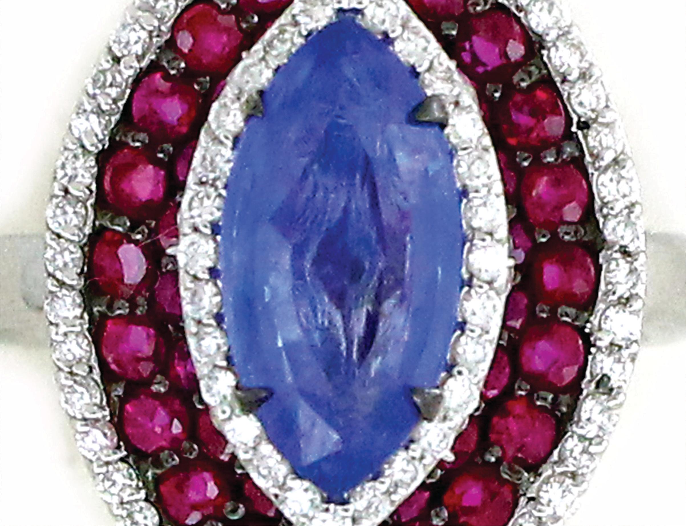 3,32 Karat Rubin und Saphir und 0,75 Karat Diamantring (Marquiseschliff) im Angebot