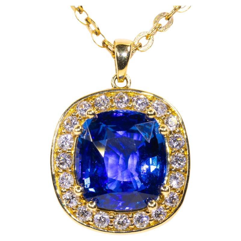 3.321 Carat Ceylon Blue Cushion Sapphire in 18K Yellow Gold Diamond Halo Pendant