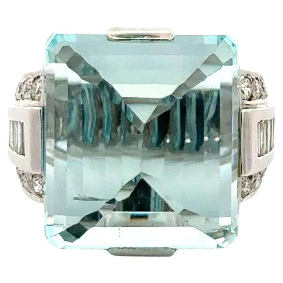 33.24 Carat Step Cut Aquamarine and Diamond Gold Vintage Solitaire Cocktail Ring