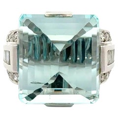 33.24 Carat Step Cut Aquamarine and Diamond Gold Vintage Solitaire Cocktail Ring
