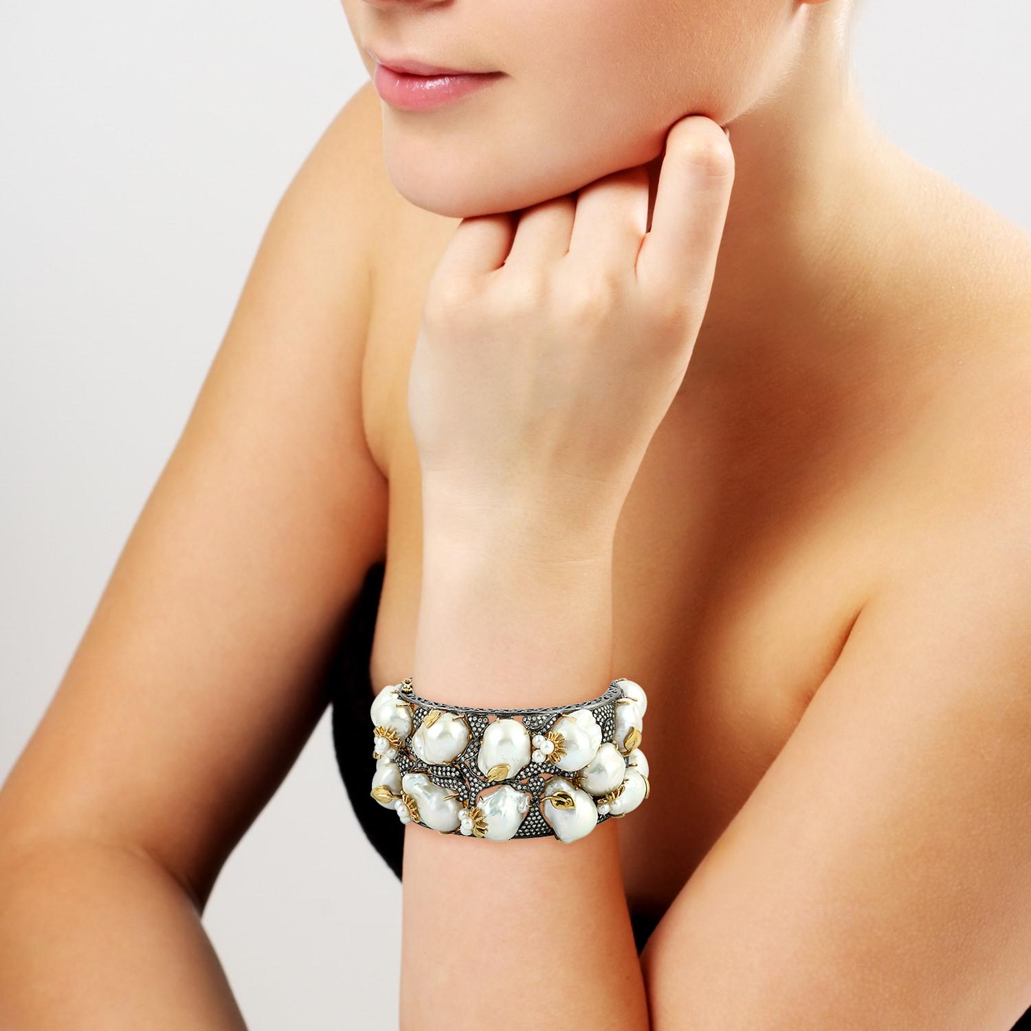 Modern 332.84 Carat Pearl Diamond Bracelet Cuff For Sale