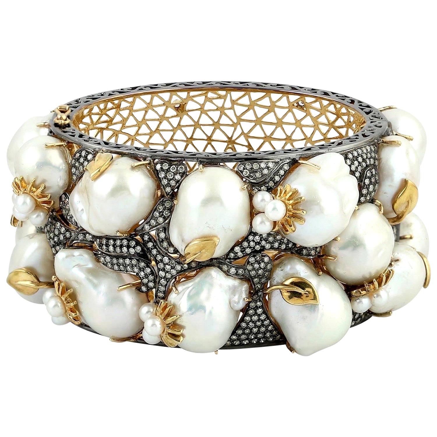 332.84 Carat Pearl Diamond Bracelet Cuff For Sale