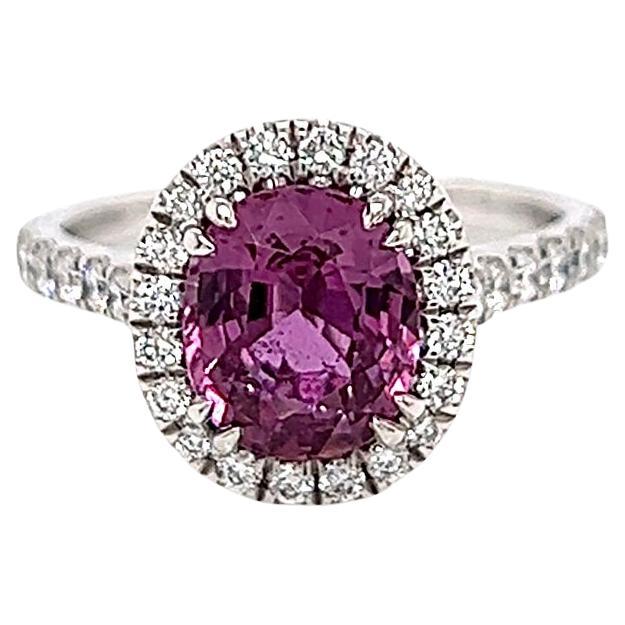 3.32 Total Carat Pink Sapphire and Diamond Halo Ladies Ring GIA For Sale