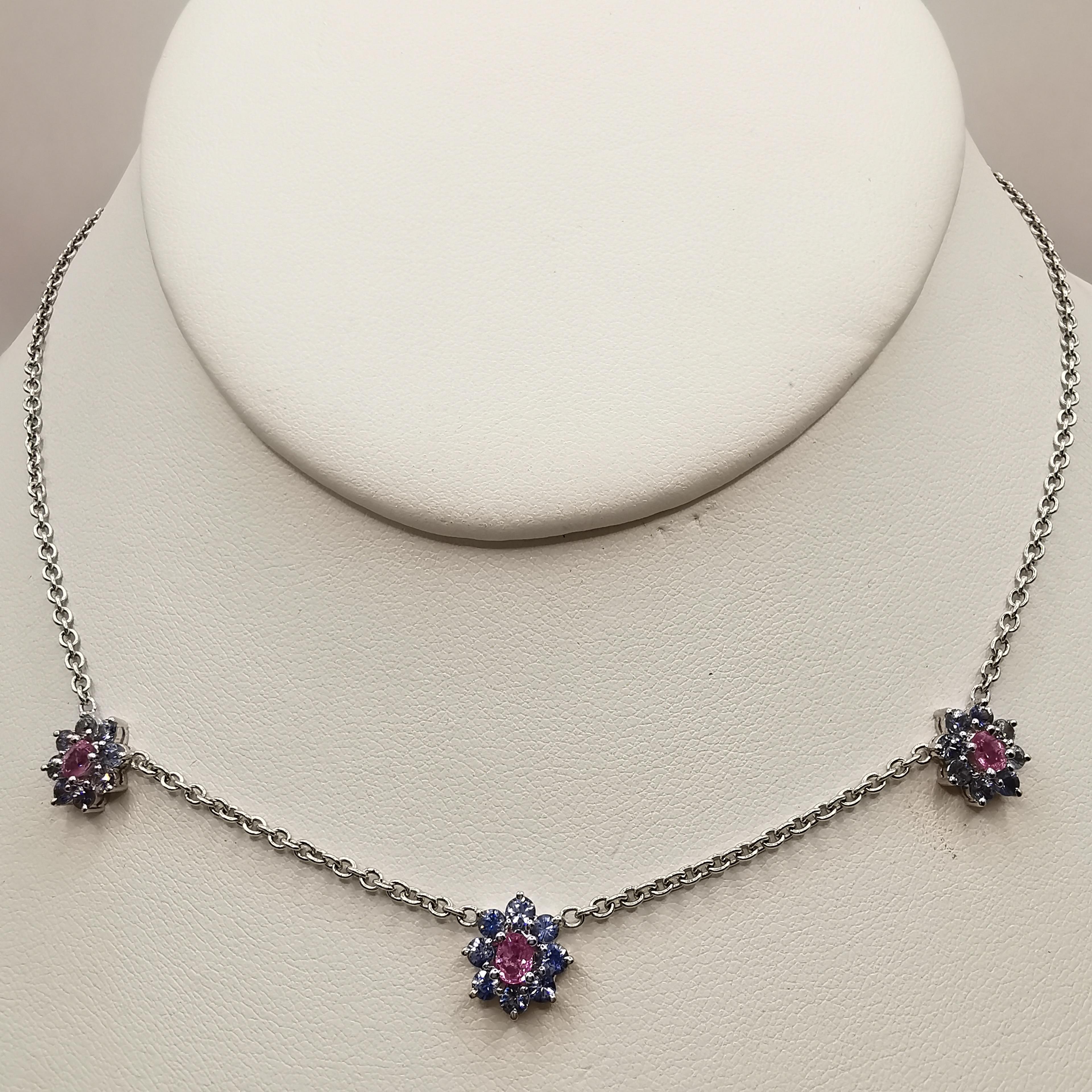 3.32ct Blue, Pink & Green Sapphire Flower Ring & Necklace Set in 18k White Gold For Sale 2