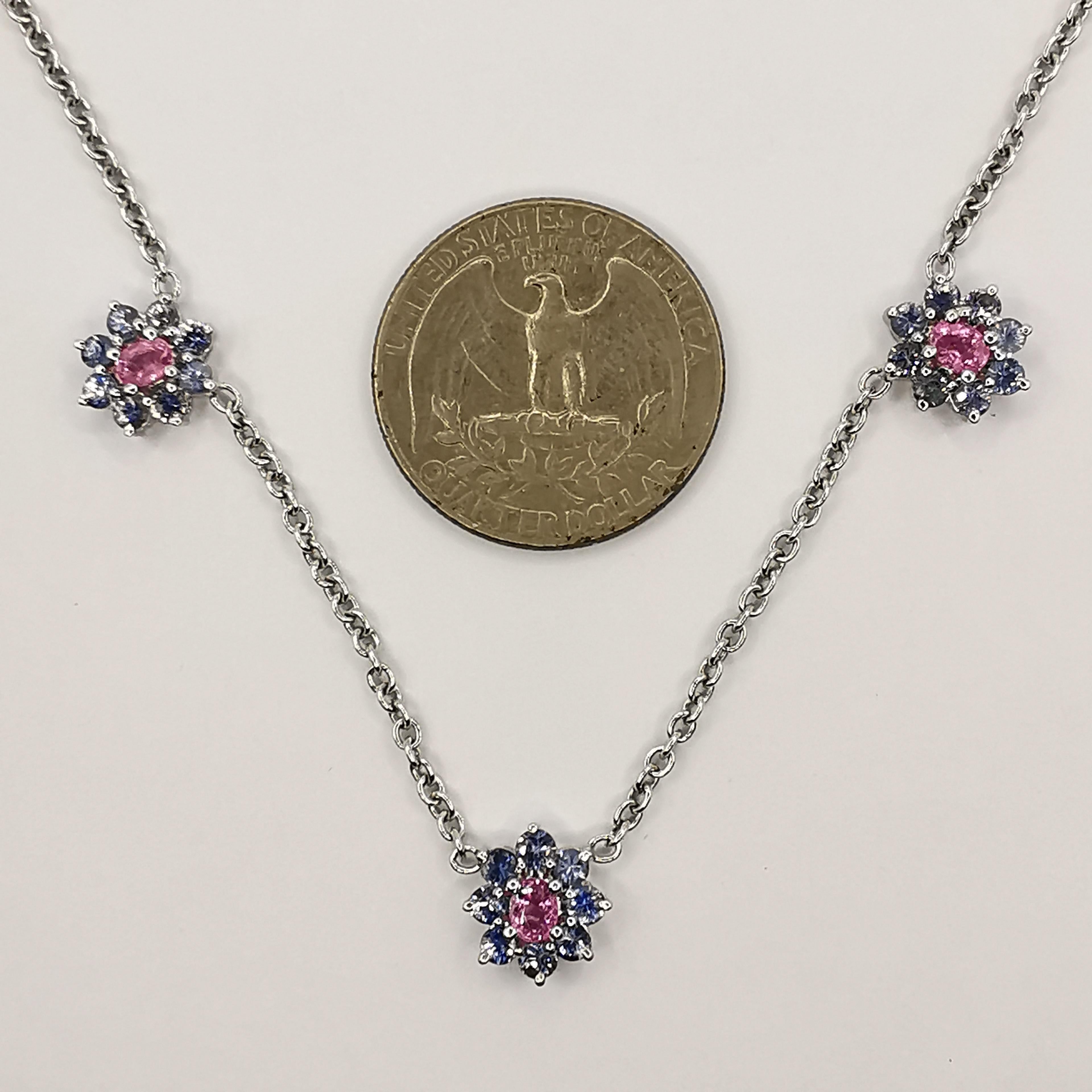 3.32ct Blue, Pink & Green Sapphire Flower Ring & Necklace Set in 18k White Gold For Sale 4
