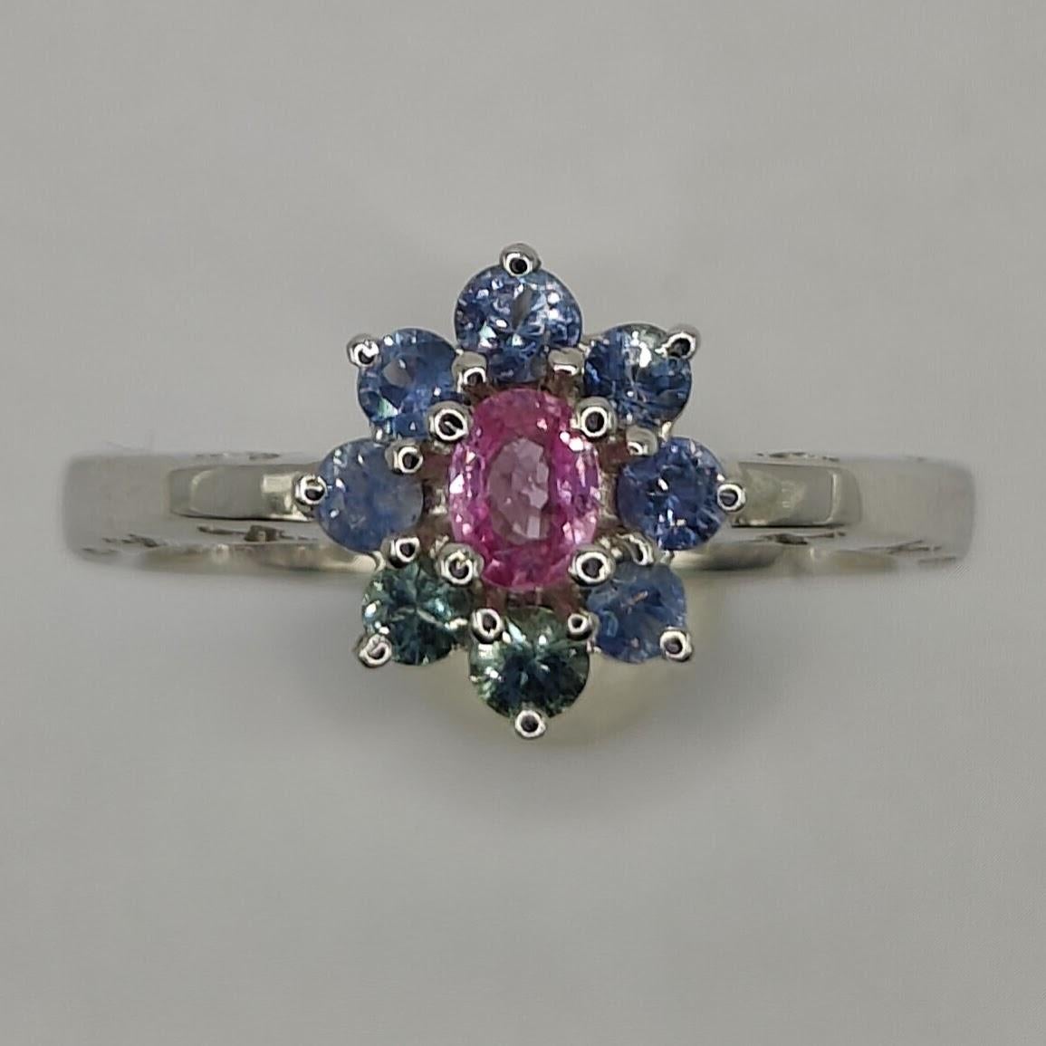 Introducing our gorgeous 3.32ct Blue, Pink & Green Sapphire Ring & Necklace Set in 18K White Gold. This dainty set is the perfect addition to your jewelry collection, offering a touch of elegance and sophistication to any outfit.

The ring features