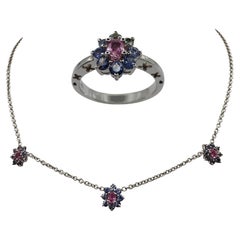 3.32ct Blue, Pink & Green Sapphire Flower Ring & Necklace Set in 18k White Gold