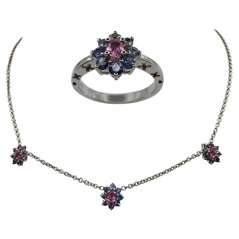 3.32ct Blue, Pink and Green Sapphire Flower Ring and Necklace Set in