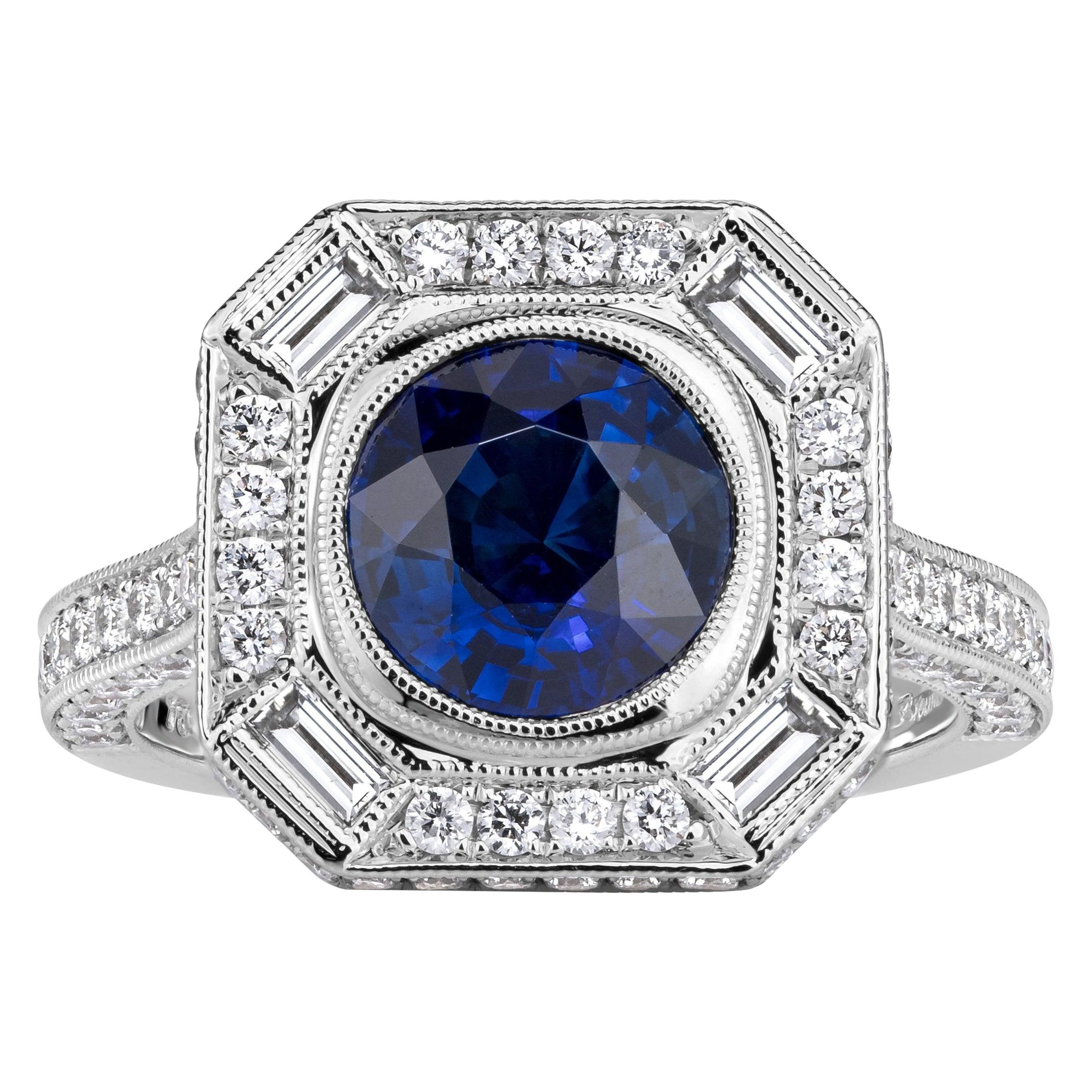 3.32ct Cushion Cut Blue Sapphire Engagement Ring