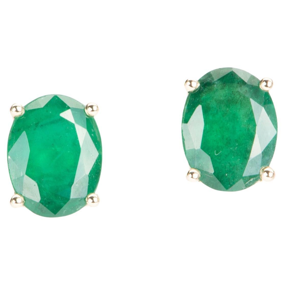 3.32ct Rich Green Oval Emerald Stud Earrings 14K Gold Earring Ear Studs R3140 For Sale