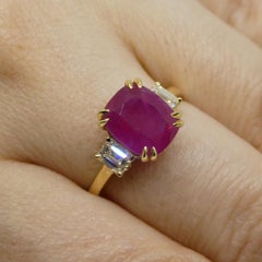 3.32 Carat Vivid Pigeon Blood Red Ruby, Diamond Three Stone Ring 18k Yellow Gold