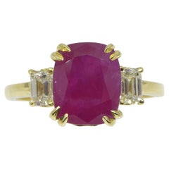 3.32 Carat Vivid Pigeon Blood Red Ruby, Diamond Three Stone Ring 18k Yellow Gold