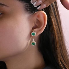 3.32ct Zambian Emerald 1.95ct SI/H Diamond Dangle Drop Earrings 18K Yellow Gold