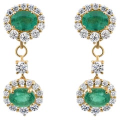 3.32ct Zambian Emerald 1.95ct SI/H Diamond Dangle Drop Earrings 18K Yellow Gold