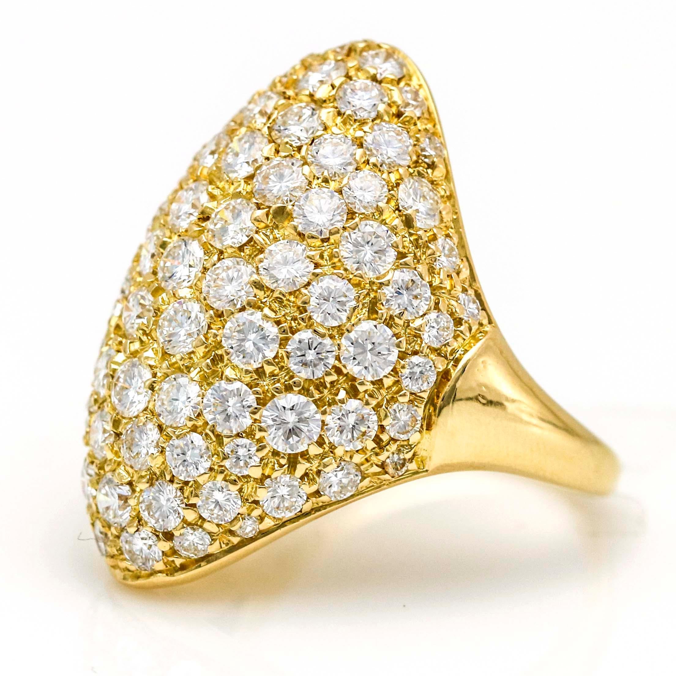 Retro shield cocktail ring with diamonds in 18 karat yellow gold. Made in Italy. Estimated total carat weight, 3.33 carats. Length, 26.5mm. Height from finger, 8mm. Size 7. Signed 1647 AL.