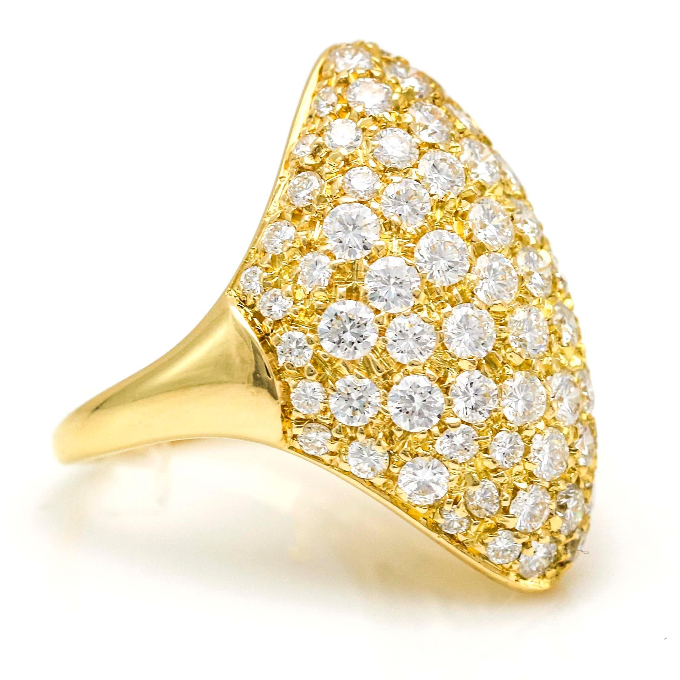 Retro 3.33 Carat 18 Karat Yellow Gold Diamond Shield Cocktail Ring For Sale