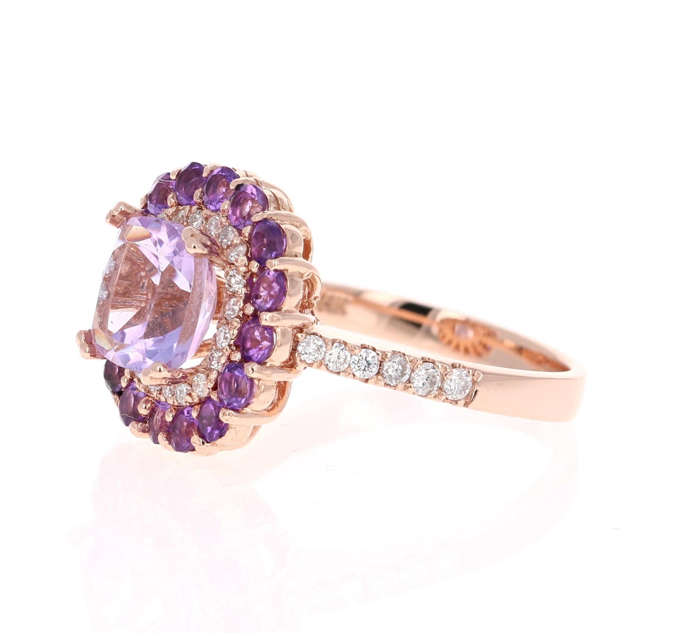 Contemporary 3.56 Carat Cushion Cut Amethyst Diamond Rose Gold Cocktail Ring For Sale