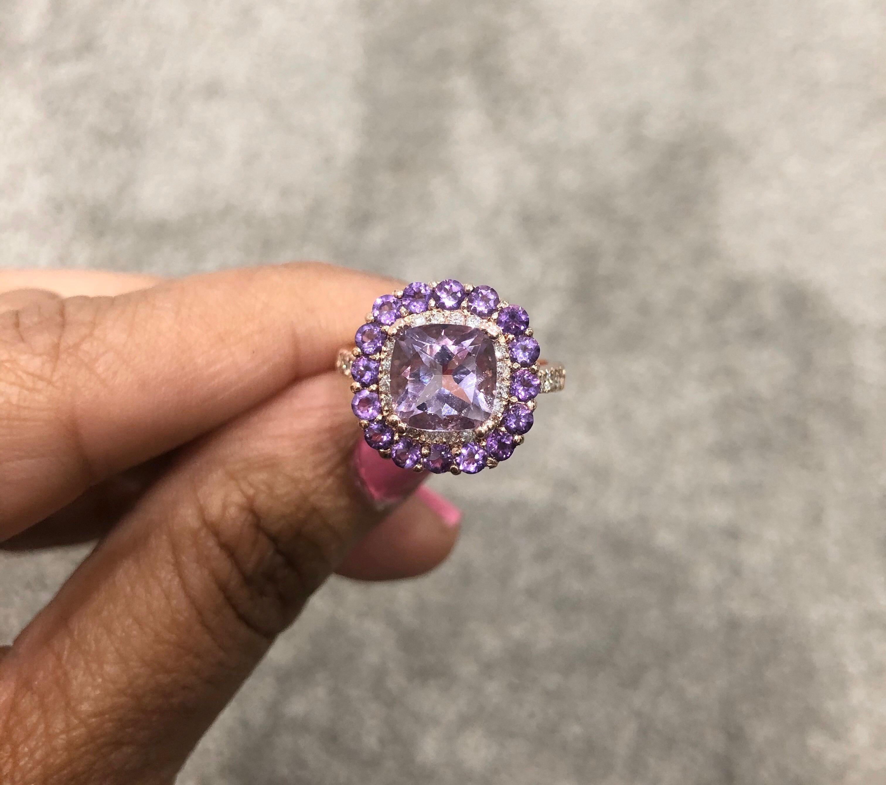 Women's 3.56 Carat Cushion Cut Amethyst Diamond Rose Gold Cocktail Ring For Sale