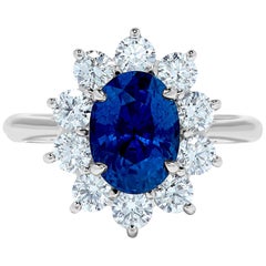 3.33 Carat Ceylon Blue Sapphire Diamond Halo 18 Karat Gold Princess Diana Ring