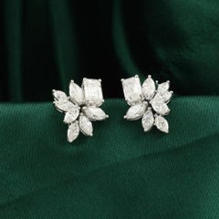 3.33 Carat Emerald Marquise Cut Diamond Cluster Stud Earrings 18K White Gold