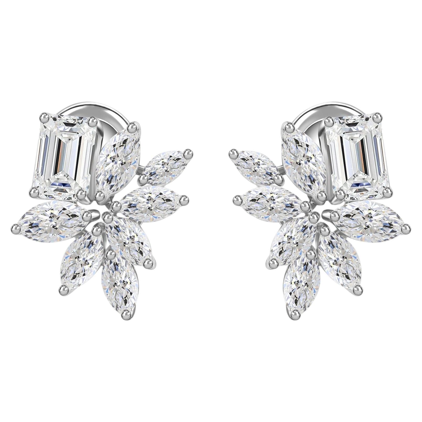 3.33 Carat Emerald Marquise Cut Diamond Cluster Stud Earrings 18K White Gold
