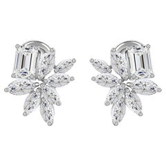 3.33 Carat Emerald Marquise Cut Diamond Cluster Stud Earrings 18K White Gold