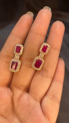 Boucles d'oreilles pendantes en or rose 14 carats avec diamants, rubis taillé en octogone de 3,33 carats