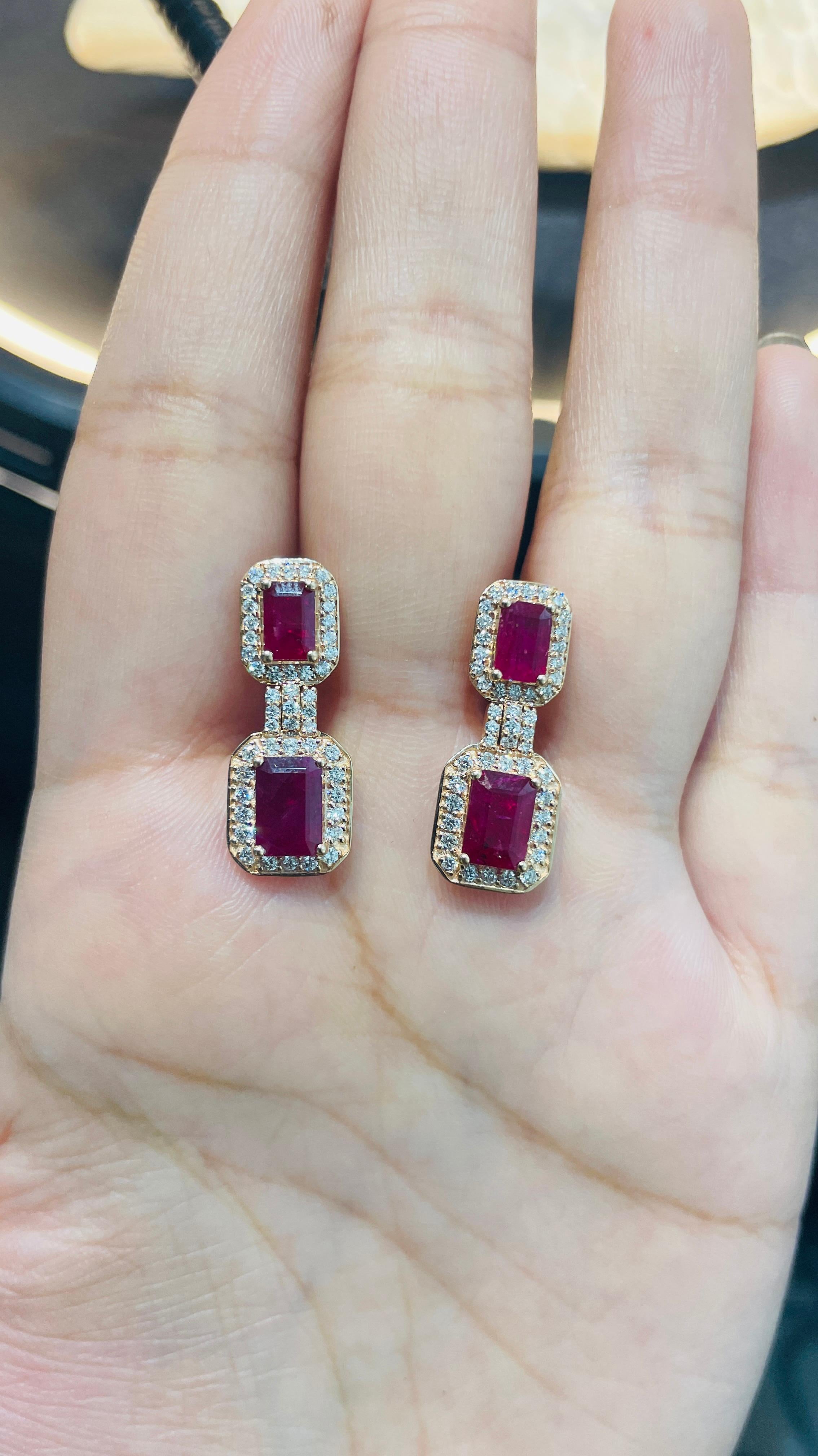 Modern 3.33 Carat Octagon Cut Ruby Dangle Earrings in 14K Rose Gold with Diamonds  For Sale