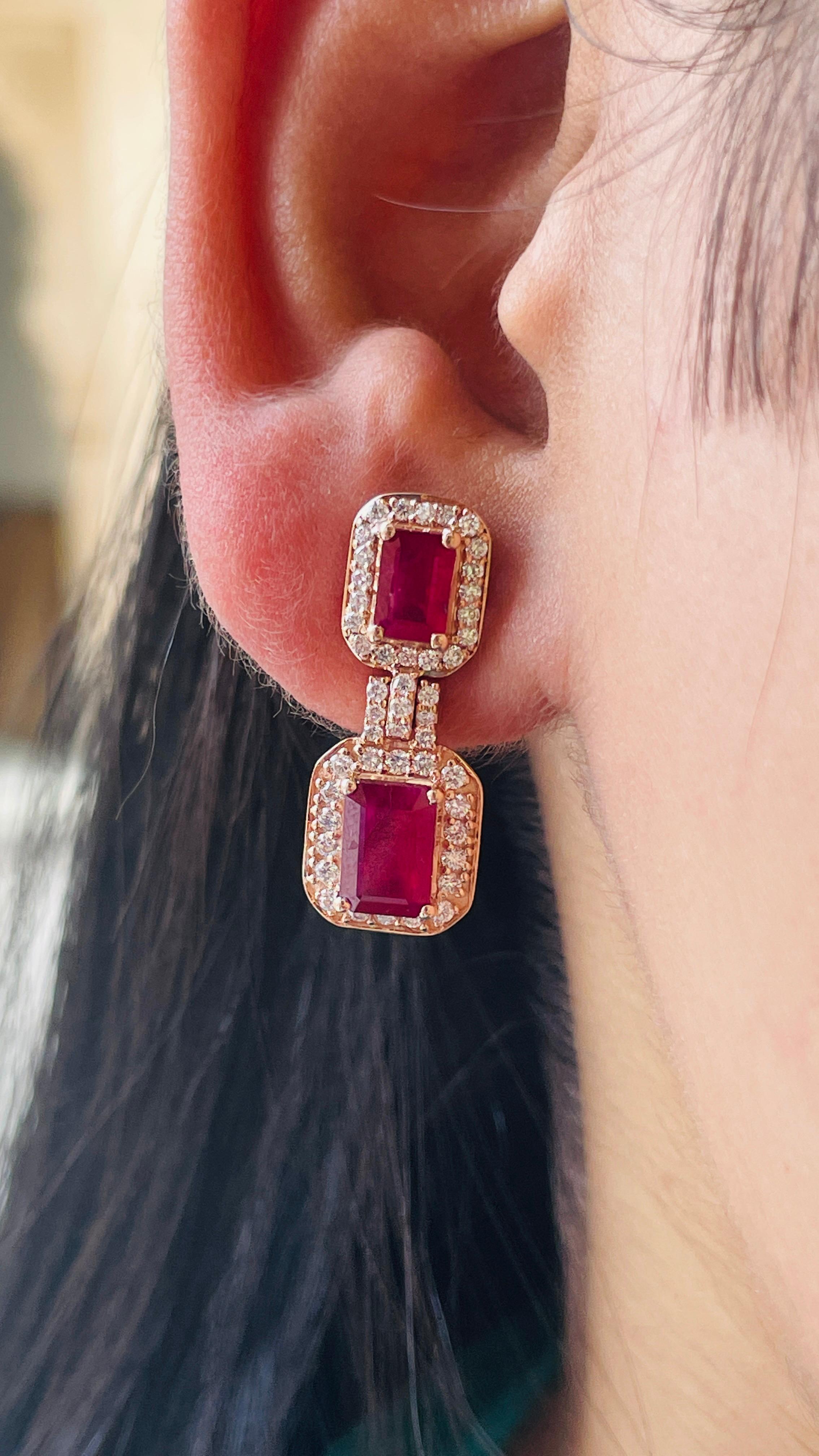 3.33 Carat Octagon Cut Ruby Dangle Earrings in 14K Rose Gold with Diamonds  In New Condition For Sale In Houston, TX