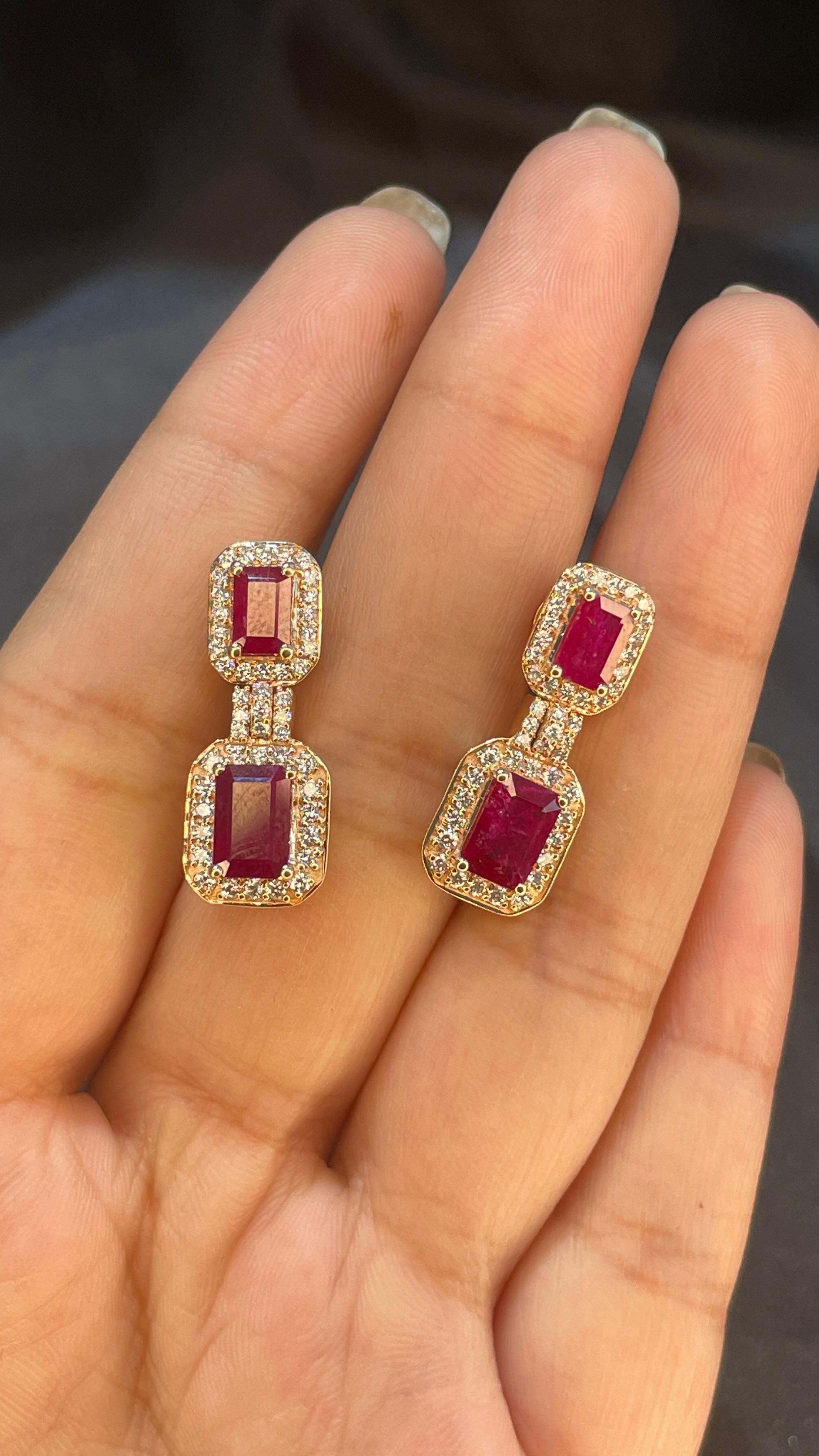 Women's 3.33 Carat Octagon Cut Ruby Dangle Earrings in 14K Rose Gold with Diamonds  For Sale