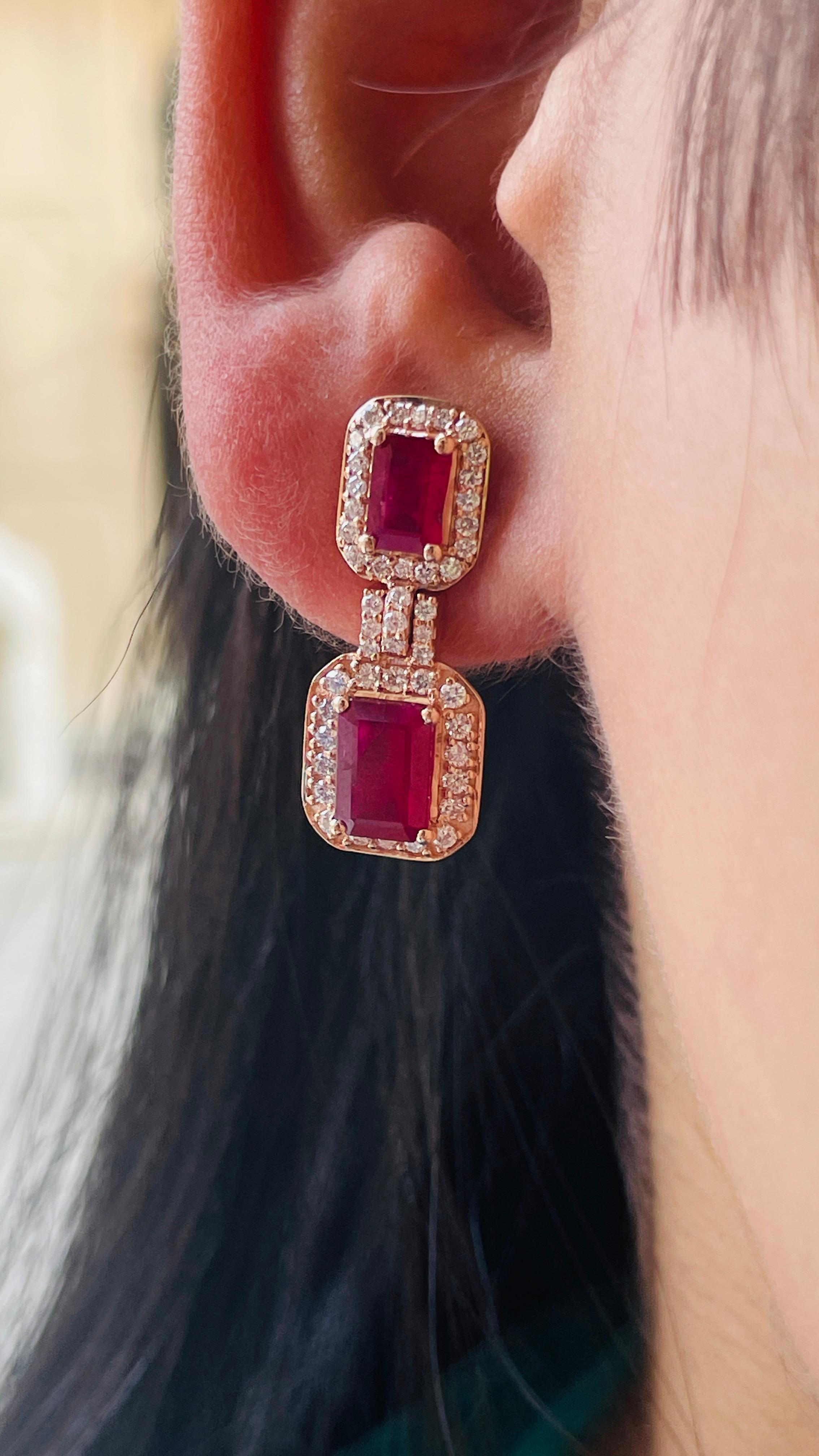 3.33 Carat Octagon Cut Ruby Dangle Earrings in 14K Rose Gold with Diamonds  For Sale 1