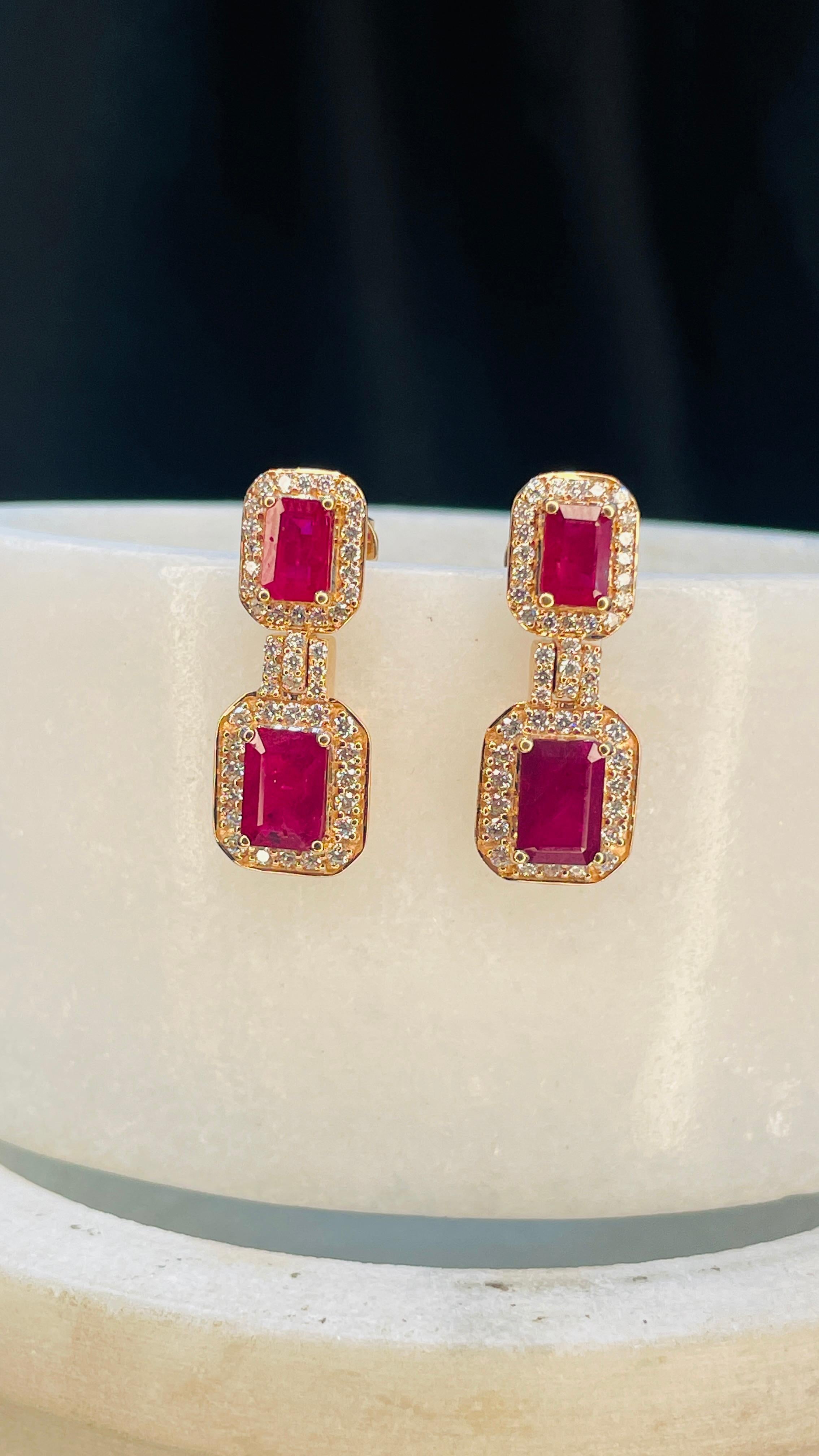 3.33 Carat Octagon Cut Ruby Dangle Earrings in 14K Rose Gold with Diamonds  For Sale 2