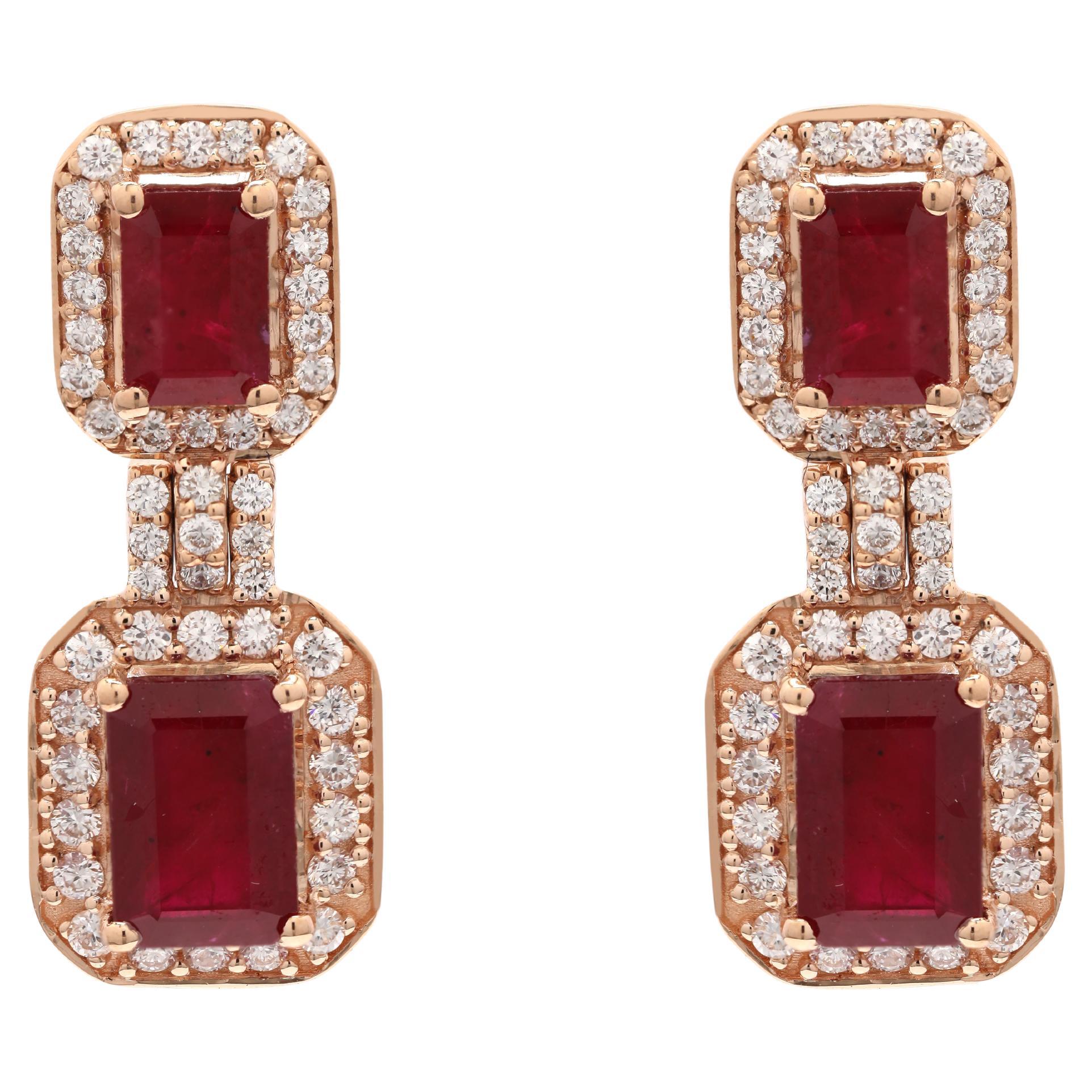 Boucles d'oreilles pendantes en or rose 14 carats avec diamants, rubis taillé en octogone de 3,33 carats 