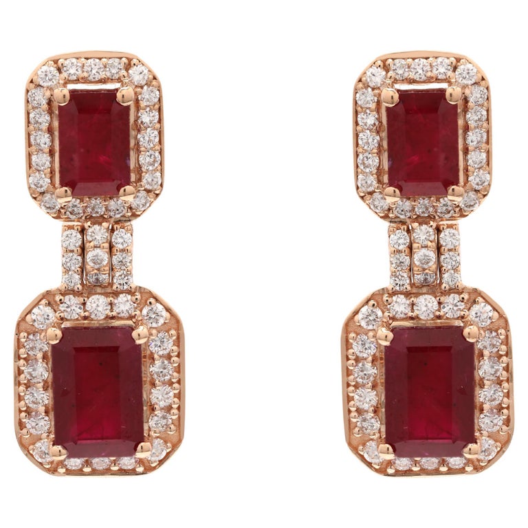3.boucles d'oreilles pendantes en or rose 14K avec diamants et rubis taille  octogonale 33 carats En vente sur 1stDibs