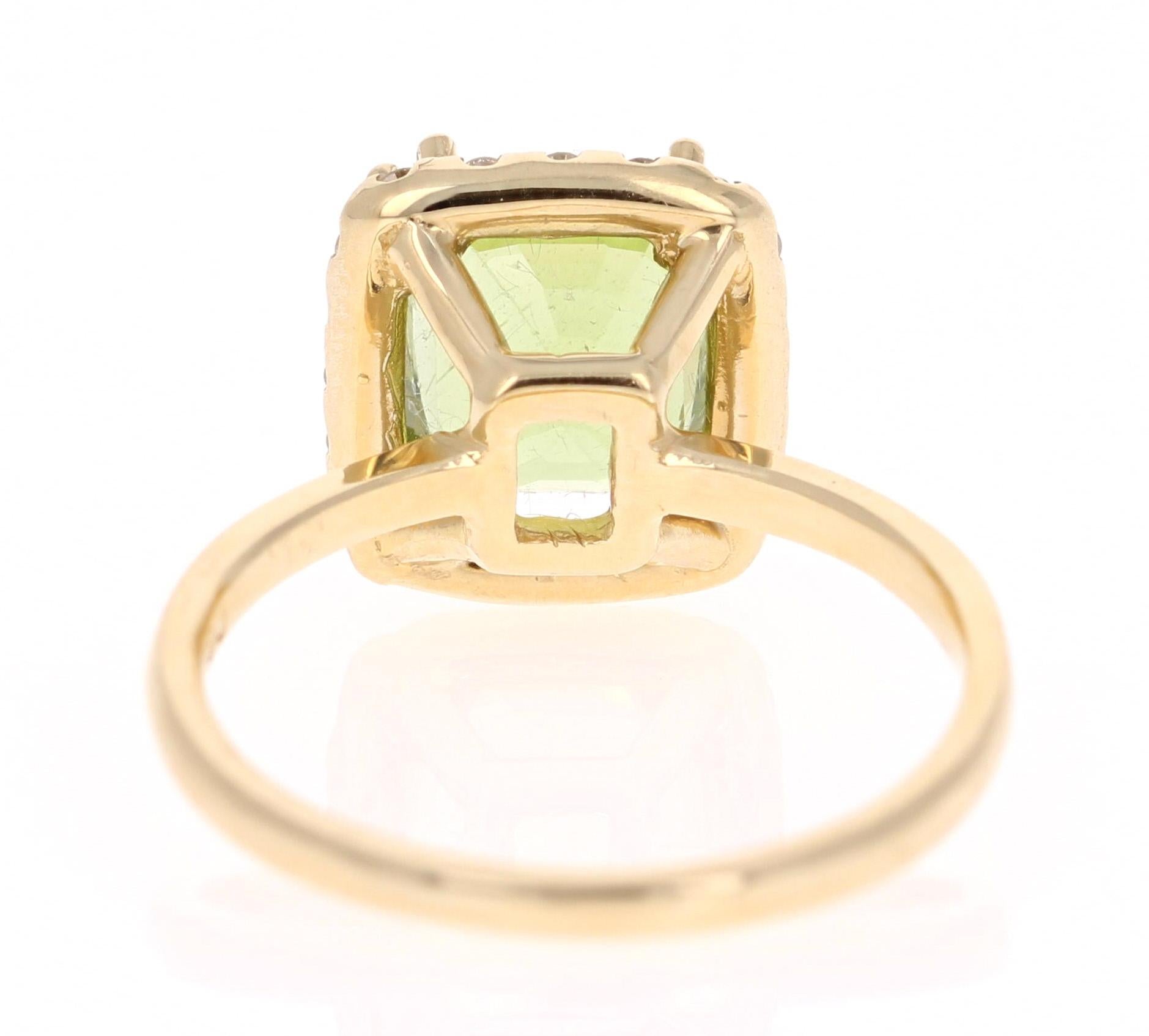 Cushion Cut 3.33 Carat Peridot Diamond Engagement Yellow Gold Ring
