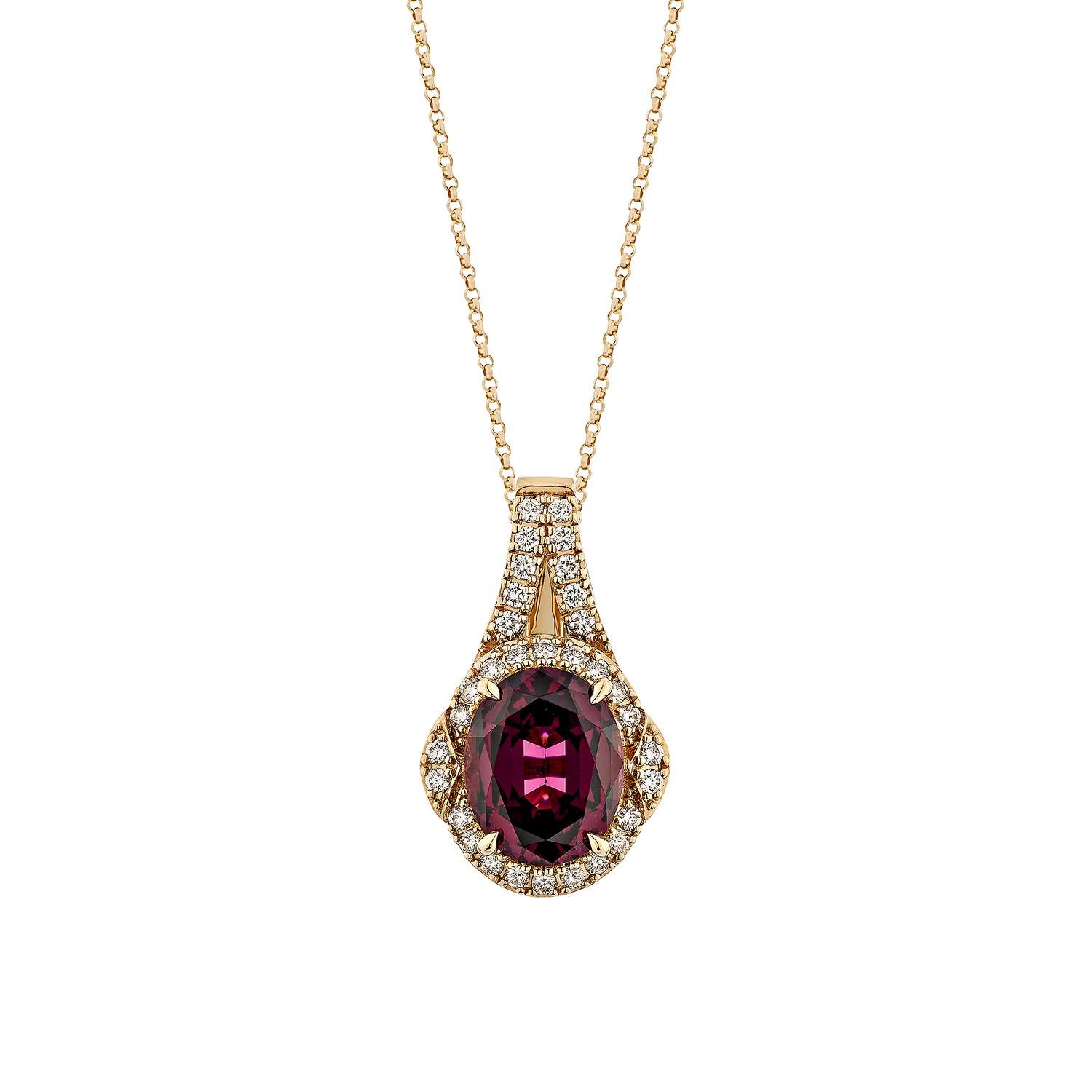 Oval Cut Sunita Nahata Rhodolite 3.33ct. Pendant in 18KRG with White Diamond. For Sale