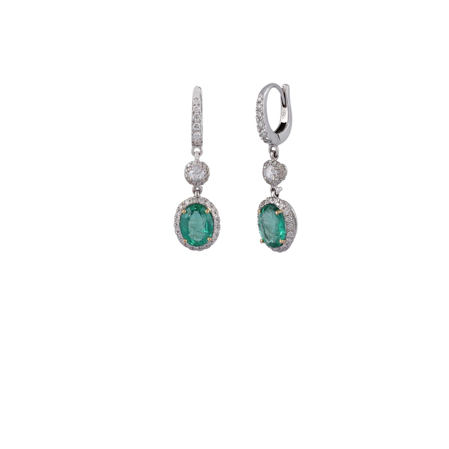 Contemporary 3.33 Carat  Zambian Emerald and Diamond Earrings Studded in 18 Karat White Gold For Sale