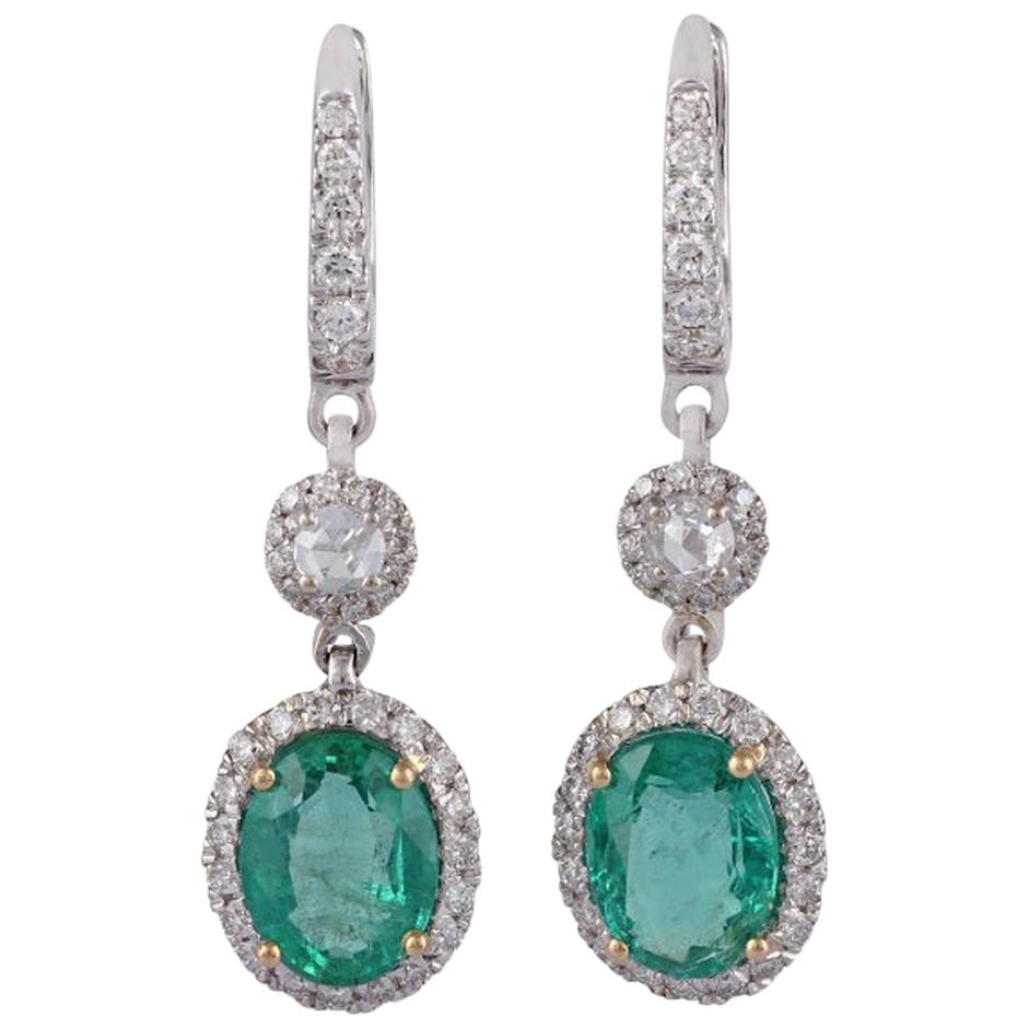 3.33 Carat  Zambian Emerald and Diamond Earrings Studded in 18 Karat White Gold For Sale