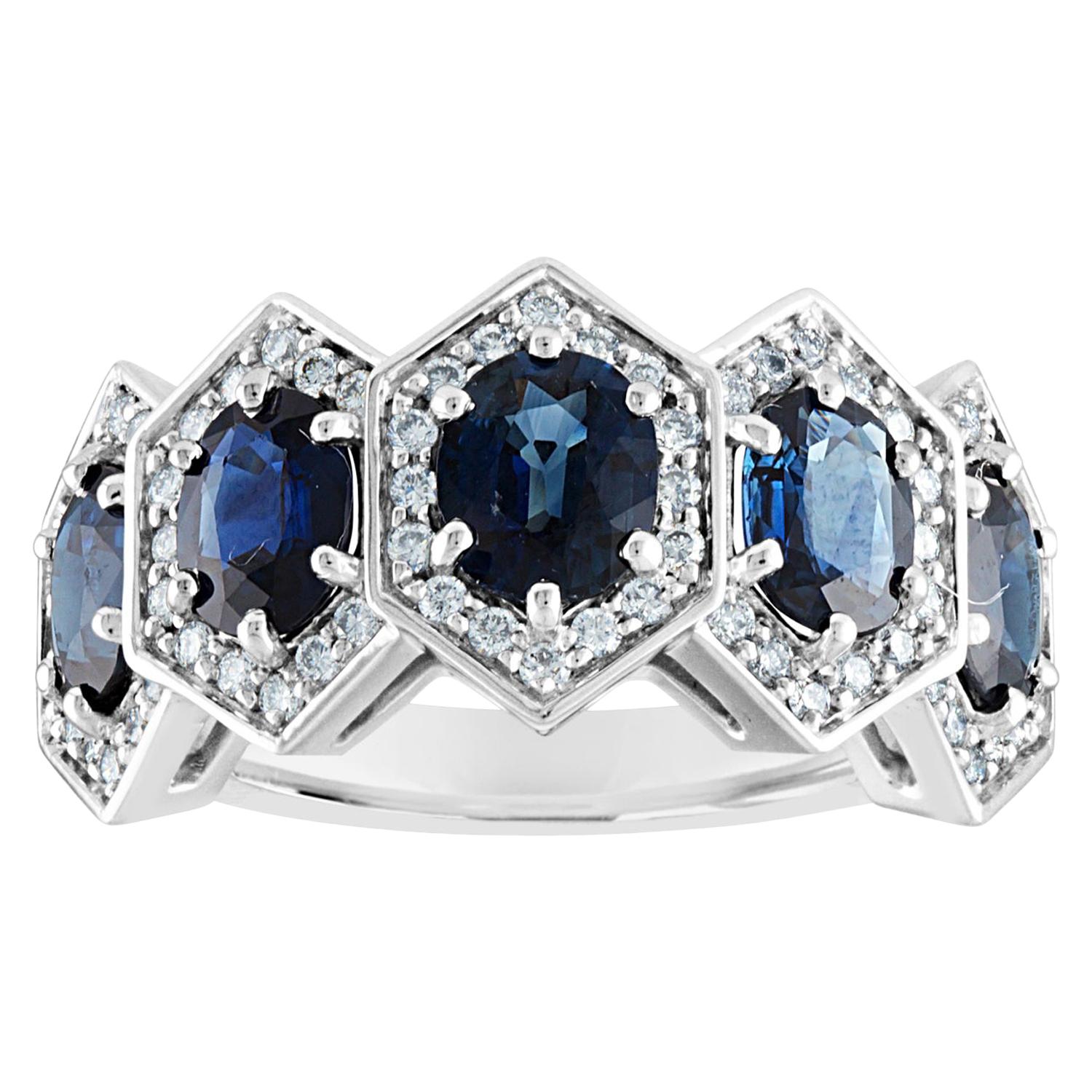 Bague jonc en or à cinq pierres avec saphir bleu hexagonal et diamant de 3,33 carats