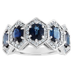 3.33 Carat Five-Stone Hexagon Blue Sapphire Diamond Gold Band Ring